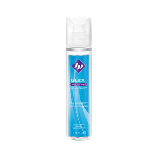Clear 1 fl oz bottle of ID Glide water-based personal lubricant with blue label and white cap