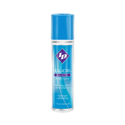 Bottle of ID Glide water-based personal lubricant with blue label and cap, hypoallergenic and natural feel formula.