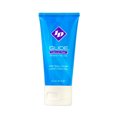 Blue tube of ID Glide Natural Feel water-based lubricant with white cap, 2 fl oz size.