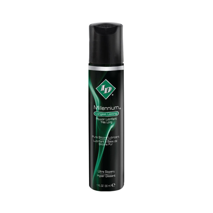Black bottle of Id Millennium silicone lubricant with green accents and text, 1 fl oz size.