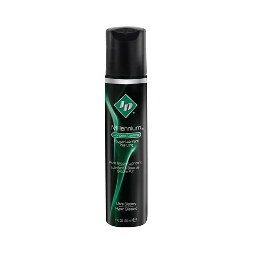 Black bottle of Id Millennium silicone lubricant with green accents and text, 1 fl oz size.