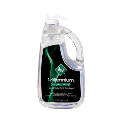 Clear pump bottle of ID Millennium silicone lubricant with black and green label, 64 fl oz size
