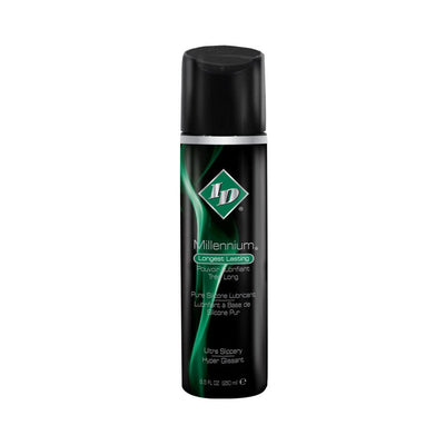 Black bottle of Id Millennium Silicone Lubricant with green accents and black flip-top cap, 8.5 fl oz size.
