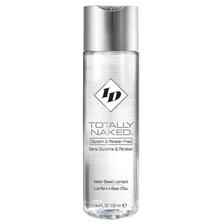 Clear 4.4 oz bottle of Id Totally Naked water-based lubricant with silver cap and minimalist label design.