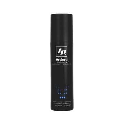 Black bottle of ID Velvet silicone lubricant with white and blue text, 200ml size, designed for smooth and long-lasting glide.