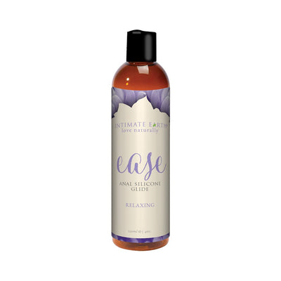 Bottle of Intimate Earth Ease Relaxing Anal Silicone Glide with chamomile-inspired label design