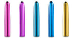 Set of five sleek, metallic 7-inch rechargeable vibrators in pink, purple, teal, blue, and gold colors.