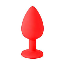 Red silicone butt plug with a tapered shape and flared base for safe, comfortable use.