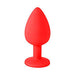 Red silicone butt plug with a tapered shape and flared base for safe, comfortable use.