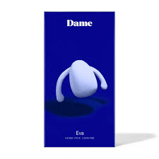 Dame Eva hands-free wearable vibrator in white with ergonomic design on blue packaging.