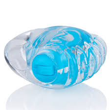 Compact blue and clear fingertip vibrator with ergonomic ridges and a stretchy strap for secure placement.