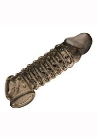 Transparent ribbed and nubbed open-ended penis extender sleeve with textured surface and realistic head design.