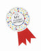 Colorful polka dot birthday award ribbon with bold playful birthday message and red ribbon tails.