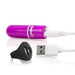 Compact purple bullet vibrator with USB charging cable and black remote control ring on white background.