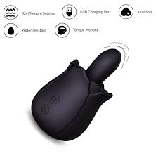 Black silicone rimming toy with rotating tongue and vibration, USB rechargeable and water resistant for intimate pleasure.