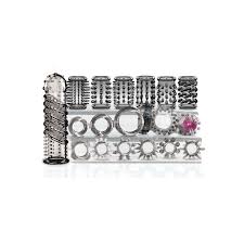 Set of textured cock rings and sleeves in various designs including ribbed, nubbed, and spiked styles for enhanced stimulation.