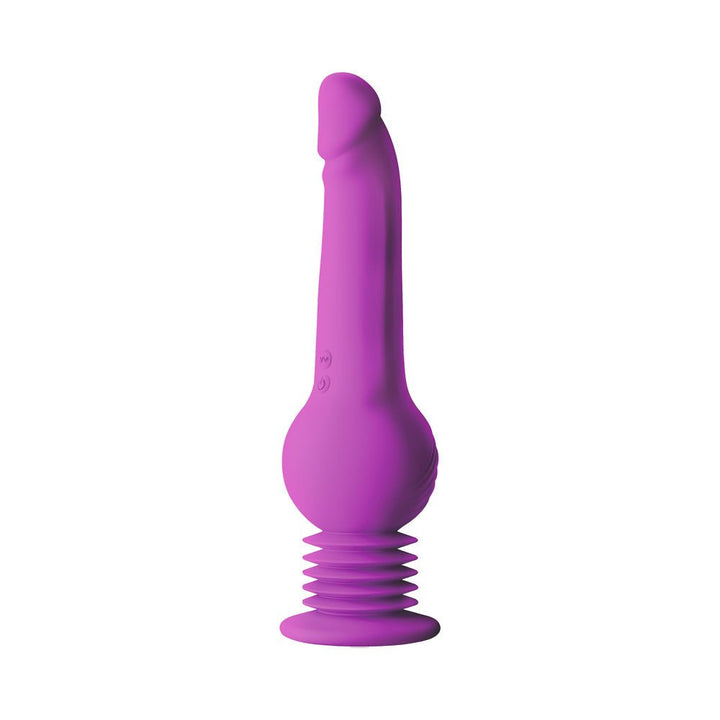 Purple silicone dildo with arched shaft and accordion-style suction cup base, featuring control buttons on the side.