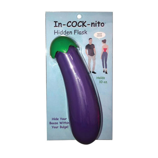 Purple eggplant-shaped hidden flask with green cap in retail packaging labeled In-COCK-nito holding 10 oz.