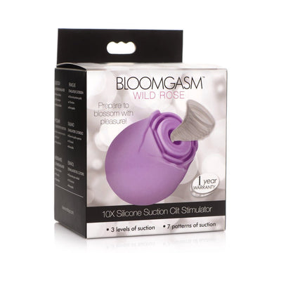 Packaging box of Bloomgasm Wild Rose pink silicone suction clit stimulator with 3 suction levels and 7 patterns.