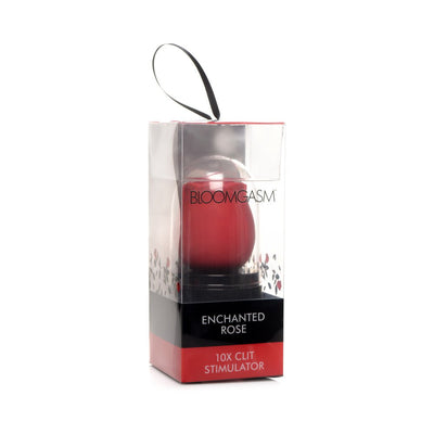 Inmi Bloomgasm Wild Rose 10X clitoral stimulator in red displayed in clear packaging with floral design and black and red accents.