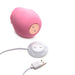 Pink rose-shaped silicone clitoral stimulator with magnetic USB charging cable on white background.