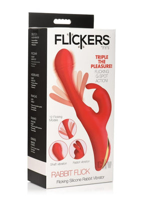Packaging of the Inmi Rabbit Flick Flicking silicone vibrator in red, highlighting flicking G-spot and rabbit vibration features.