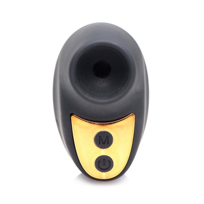 Compact black and gold mini suction clitoral stimulator with ergonomic design and control buttons on front.