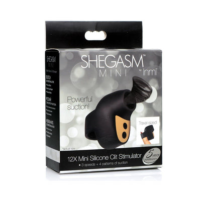 Packaging box of Inmi Shegasm Mini suction clitoral stimulator showing product image and key features.