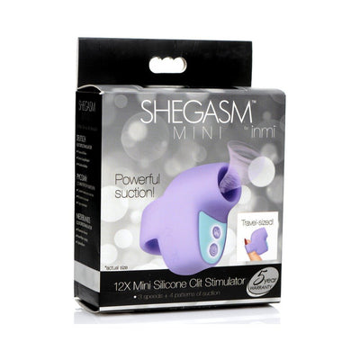 Packaging of Inmi Shegasm Mini Silicone Clitoral Stimulator in lavender with travel-sized design and 3 speeds plus 4 suction patterns.