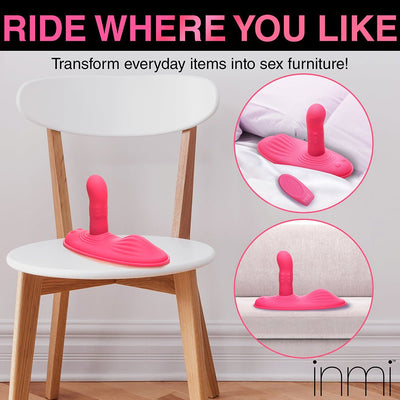 Pink Inmi Spin N Grind discreet grinding pad shown on a white chair with inset images on a bed and couch.