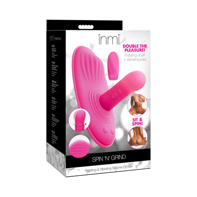 Inmi Spin N Grind Pink rotating and vibrating silicone grinder with remote control shown on product packaging.