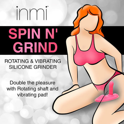 Illustration of a woman in pink lingerie using the pink Inmi Spin N Grind rotating and vibrating silicone grinder.