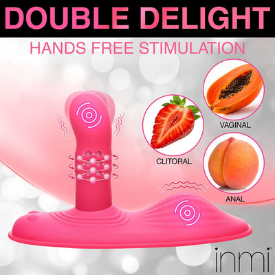 Pink hands-free stimulation toy with rotating shaft and vibrating base, designed for clitoral, vaginal, and anal pleasure.