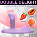 Purple hands-free dual stimulation adult toy with curved shaft and textured base for clitoral, vaginal, and anal pleasure.