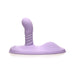 Purple silicone wearable vibrator with textured base and curved shaft designed for hands-free stimulation.