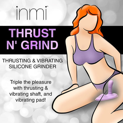 Illustration of a woman in purple lingerie with text highlighting the Inmi Thrust N Grind purple thrusting and vibrating silicone grinder.