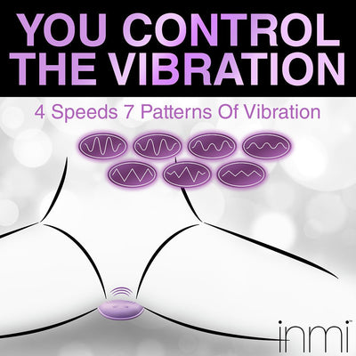 Illustration showing a purple Inmi vibrator with 4 speeds and 7 vibration patterns, highlighting user control features.