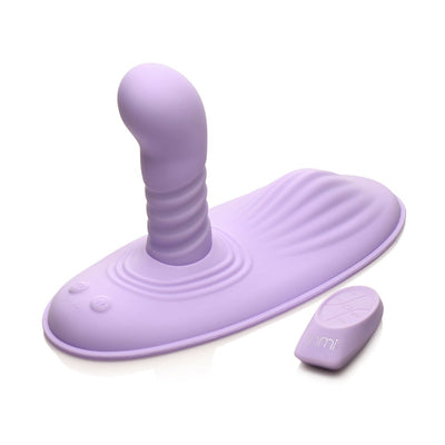 Purple silicone wearable vibrator with curved shaft and remote control on white background