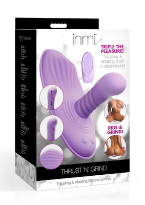 Purple Inmi Thrust N Grind silicone vibrator with remote control shown on product packaging.