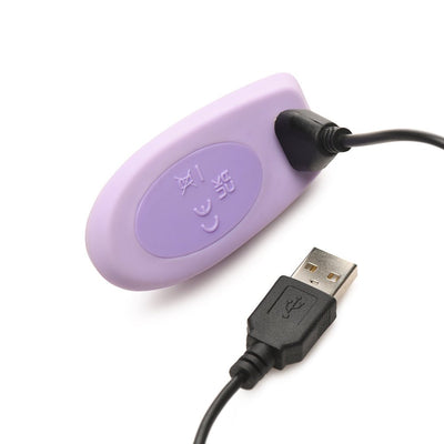 Purple USB rechargeable controller with connected black charging cable on white background.