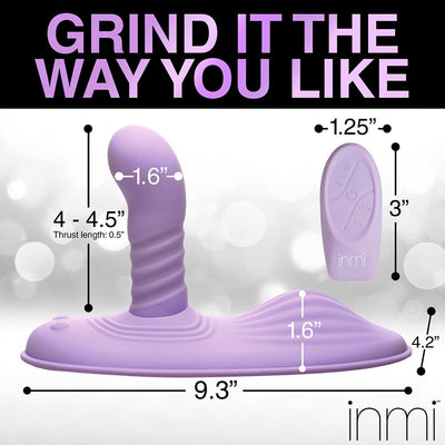 Purple Inmi Thrust N Grind with remote control, showing detailed product dimensions and textured design.