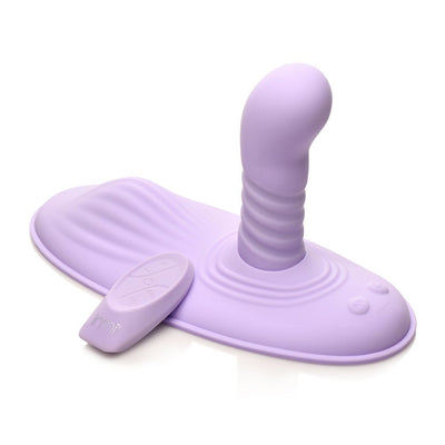 Purple silicone wearable vibrator with textured shaft and wireless remote control on a smooth base.