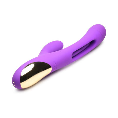 Purple silicone rabbit vibrator with gold accent, featuring curved shaft and flexible flicking arm.