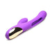 Purple silicone rabbit vibrator with gold accent, featuring curved shaft and flexible flicking arm.
