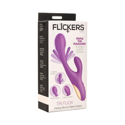 Packaging box of the Inmi Tri Flick Purple flicking silicone rabbit vibrator with product image and features.