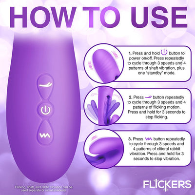 Purple Inmi Tri Flick vibrator control panel with three buttons and instructions for power, flicking motion, and rabbit vibration settings.