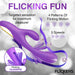 Purple rabbit vibrator illustration showing flicking arm with textured nubs, curved shaft, and clitoral stimulator with 3 speeds and 4 flicking patterns.