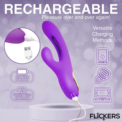 Purple rechargeable rabbit vibrator with USB charging cable and icons showing versatile charging options and battery run time.