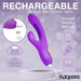 Purple rechargeable rabbit vibrator with USB charging cable and icons showing versatile charging options and battery run time.