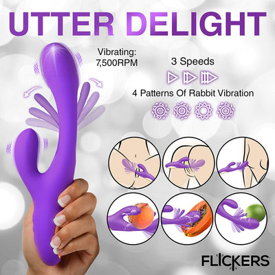 Hand holding purple triple-action rabbit vibrator with vibrating and flicking features, shown with usage and vibration pattern icons.